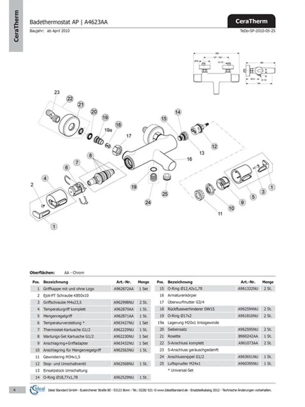Schematische Darstellung eines Badethermostats von Ideal Standard mit Beschriftung der Einzelteile und deren Artikelnummern. Darstellung umfasst Explosionszeichnung und Bauteilliste.